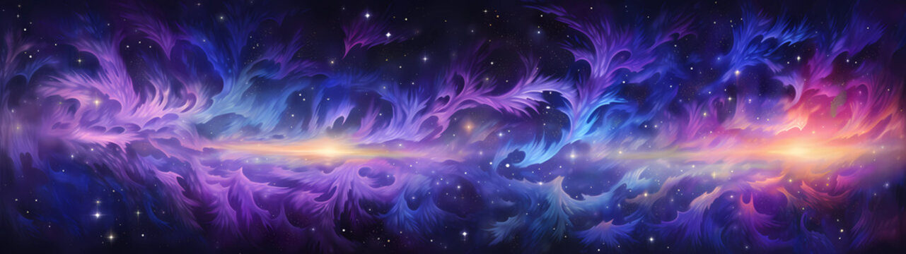 Cosmic void, the ever-shifting ultra-wide background unfolds as a mesmerizing and graphic kaleidoscope of colors and intricate patterns, where enigmatic phenomena manifest in a captivating dance