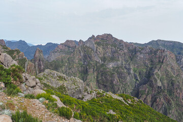 Panoramic view to mountain tops. Central mountain massif and highest point of the Madeira island,...