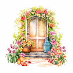 Fototapeta na wymiar House door surrounded by flowers watercolor hand paint
