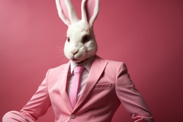 Cute funny bunny in clothes. Pink mood concept. Portrait with selective focus and copy space