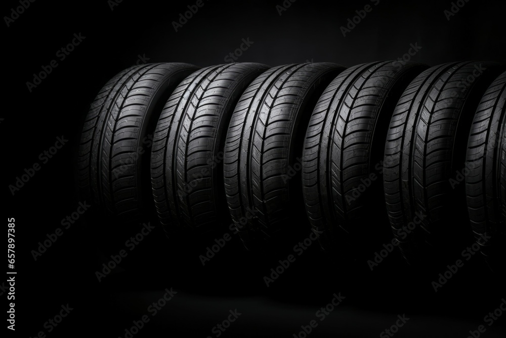 Canvas Prints New car tires on a black background. Background with selective focus and copy space