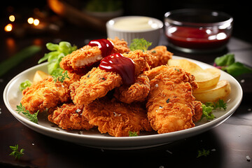 Tasty crispy fried chicken and ketchup sauce