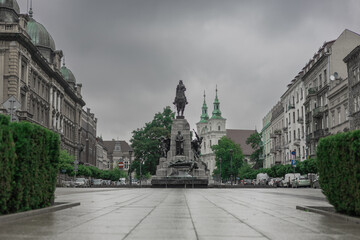 Grunwald memorial statue in the middle of Krakow, poland, on display on the centre of city square.