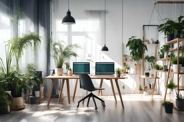 3d render Interior of light office with programmer's workplace and houseplants 