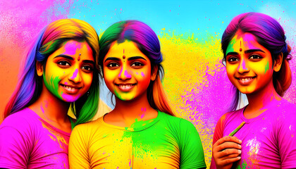 Young people with colorful paintings for the celebration of the arrival of spring at the Holi festival, concept Religion and Culture, generative ai