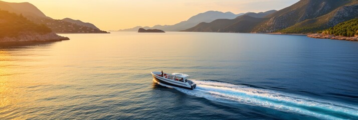 Enchanting Mediterranean Journey  Aerial View of a Speed Boat Cutting Through Azure Waters Under the Warm Hue of a Summer Sunset - obrazy, fototapety, plakaty