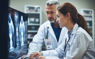 A vertebrologist doctor looks at an X-ray in a hospital office. Generative AI - obrazy, fototapety, plakaty