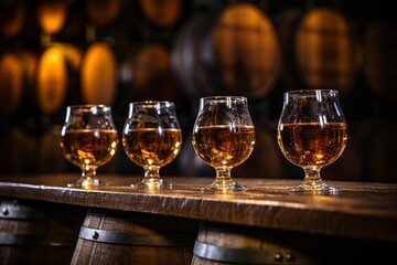 Wooden table in a Wine Cellar with alcoholic drinks indoors. Background with selective focus and copy space