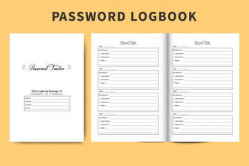 Website password and information tracker logbook interior vector. Regular login and website notebook with password tracker sections. Password logbook diary interior. Simple password notebook design.