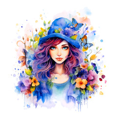 Portrait of a girl surrounded by flowers watercolor paint