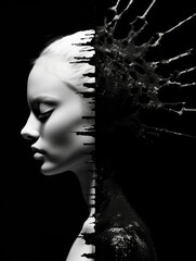 black and white portrait of a woman, duality of love and fear - by generative ai - obrazy, fototapety, plakaty
