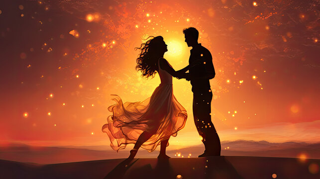 silhouette of a couple dancing in the sunset spiritual love tantra passion valentine day - by generative ai