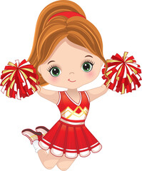 Vector Cute Cheerleader with Pom Poms Jumping 