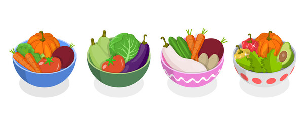 3D Isometric Flat  Icon of Vegetable Bowls Set, Fresh and Healthy Food