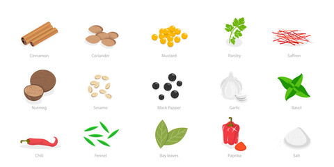 3D Isometric Flat  Icon of Cooking Ingredients, Spices Set
