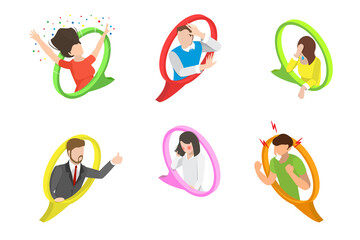3D Isometric Flat  Conceptual Illustration of Character Faces, People in Speech Bubbles with Emotions and Expressions