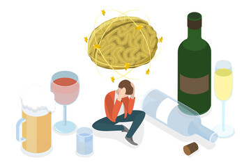 3D Isometric Flat  Conceptual Illustration of Alcohol Addiction Problem, Bad Habits