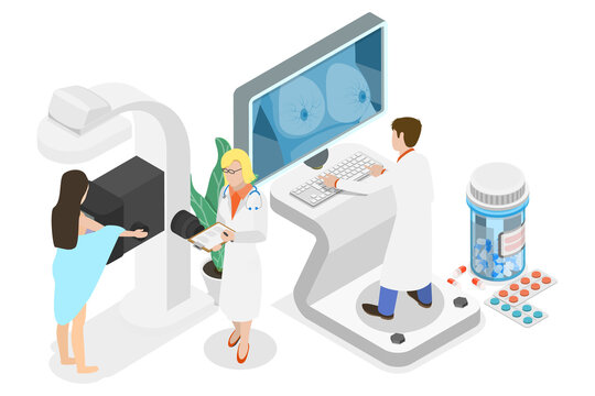 3D Isometric Flat  Conceptual Illustration of Mammography, Women Breast Healthcare