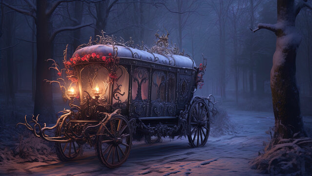Fairy-tale forged carriage in the winter forest. Generation AI