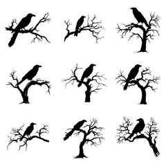 Raven Dead Tree and Silhouette Raven Bird at Bare Tree Branches Entrance: Spooky Halloween Night Vector Design Set