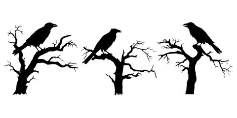 Raven Bird Silhouette Sitting at Bare Tree Branches Entrance: Spooky Halloween Night Vector Design Set with Raven Dead Tree