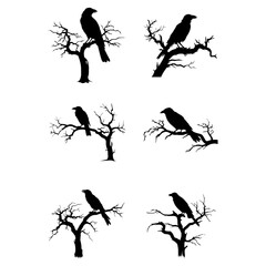 Silhouette of a Raven Bird Sitting at Bare Tree Branches Entrance: Spooky Halloween Night Vector Design Set with a Raven Dead Tree