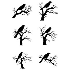Raven Dead Tree in Spooky Halloween Night Vector Design Set: Featuring Silhouette Raven Bird at Bare Tree Branches Entrance