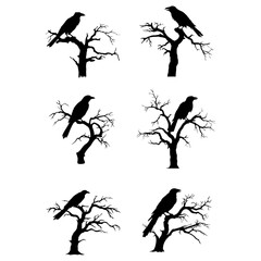 Raven Dead Tree Featured in Spooky Halloween Night Vector Design Set: Includes Silhouette of a Raven Bird at Bare Tree Branches Entrance