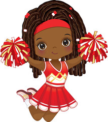 Vector Cute African American Cheerleader with Pom Poms Jumping 