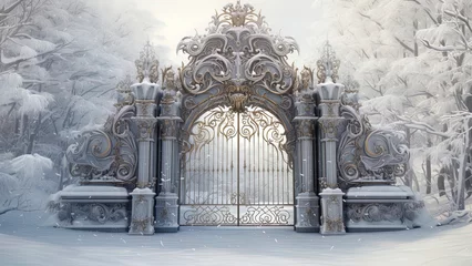 Foto op Plexiglas Forged iron gates, winter landscape. Generation AI © MiaStendal
