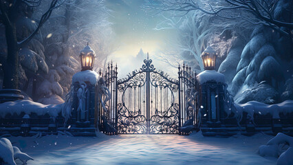Forged iron gates, winter landscape. Generation AI - obrazy, fototapety, plakaty