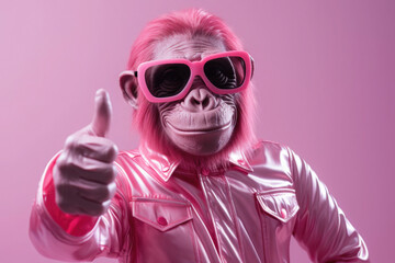 Pink Pop Monkey with Sunglasses and shiny jacket making thumb up - obrazy, fototapety, plakaty