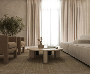 Gray minimal livingroom with large modular sofa, armchairs and window background. Light modern japanese nature view. 3d rendering. High quality 3d illustration