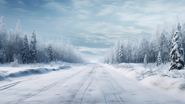 Winter road in a snowy forest. Generation AI