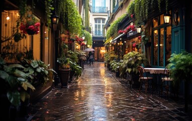 Fototapeta na wymiar French style alley in Paris with plant-filled facades and wet stone road in the rain. Generative AI