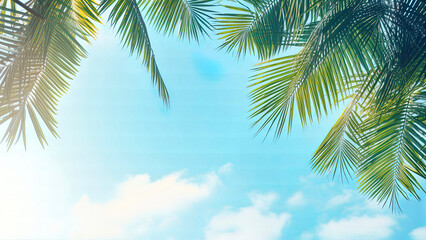 Palm leaves against the blue sky. Generation AI - obrazy, fototapety, plakaty