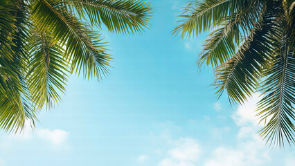 Fototapeta na wymiar Palm leaves against the blue sky. Generation AI