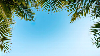 Palm leaves against the blue sky. Generation AI