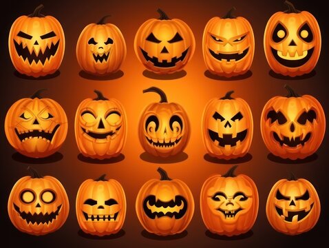 Collection of Halloween pumpkins carved faces silhouettes. Black isolated halloween
