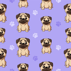 Vector cartoon seamless pattern with pug and paws.