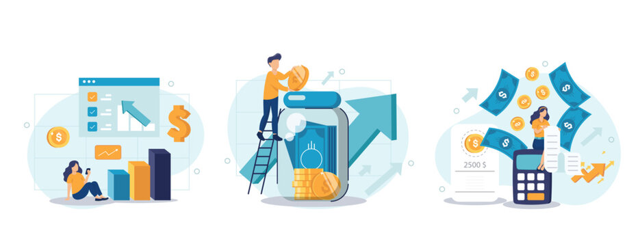 Cost optimization concept set. Idea of financial and marketing strategy. Cost and income balance. Spending and cost reduction, while maximizing business value. Isolated flat illustration vector	
