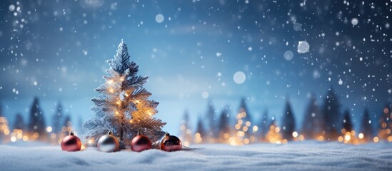 Christmas tree in snowy outdoor setting with lights
