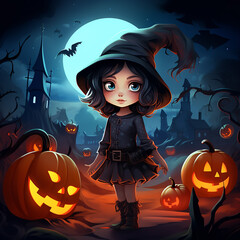 little cute witch with halloween pumpkins on the background of a big moon, naked scary trees and a scary castle, generative AI