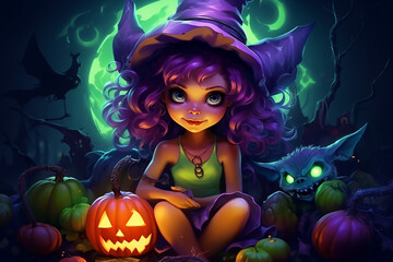 little cute witch with halloween pumpkins on the background of a big moon, naked scary trees and a scary castle, generative AI