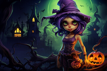 little cute witch with halloween pumpkins on the background of a big moon, naked scary trees and a scary castle, generative AI