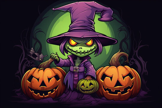 halloween colorful picture with pumpkins and monsters, generative AI