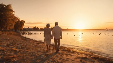 Fototapeta premium couple walking on the beach at sunset