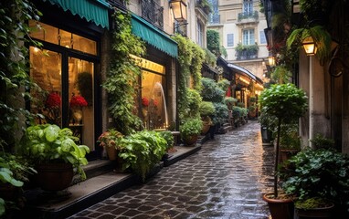 Fototapeta na wymiar French style alley in Paris with plant-filled facades and wet stone road in the rain. Generative AI