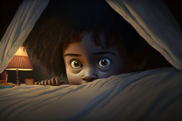 an extreem wide shot of a girls bedroom night a mixed race girl hides out of sight under her bedding while yellow eyes look out from under her bed detailed dramatic lighting childrens book 