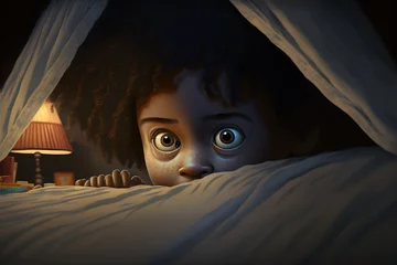 Foto op Canvas an extreem wide shot of a girls bedroom night a mixed race girl hides out of sight under her bedding while yellow eyes look out from under her bed detailed dramatic lighting childrens book  © Jesus